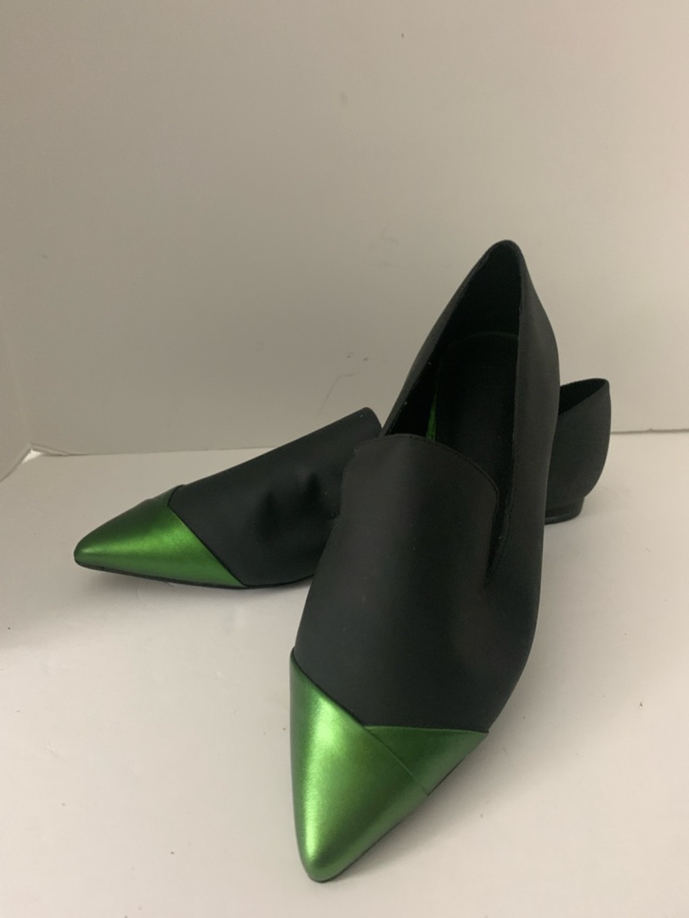 Tibi Black Flats with Metallic Green Pointed Toe